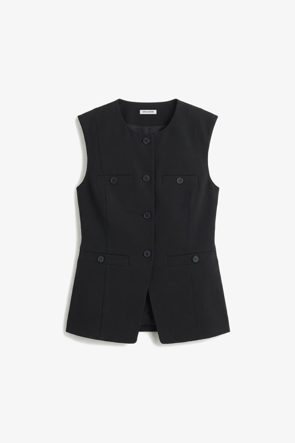 Black vest with button details on a white background | Still | Exclude