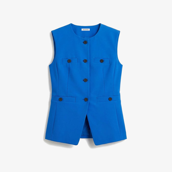 Blue vest with black buttons on a white background