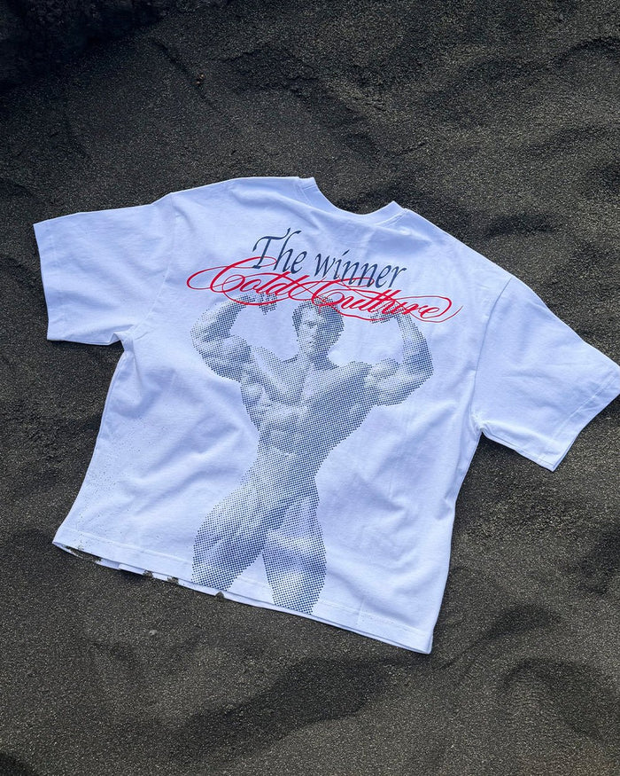 ALL IN TEE WHITE - white graphic print tee, flat lay - Cold Culture