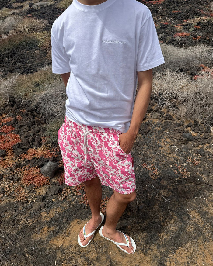 ALOHA SWIMSHORTS PINK - pink floral swim shorts, worn detail - Cold Culture