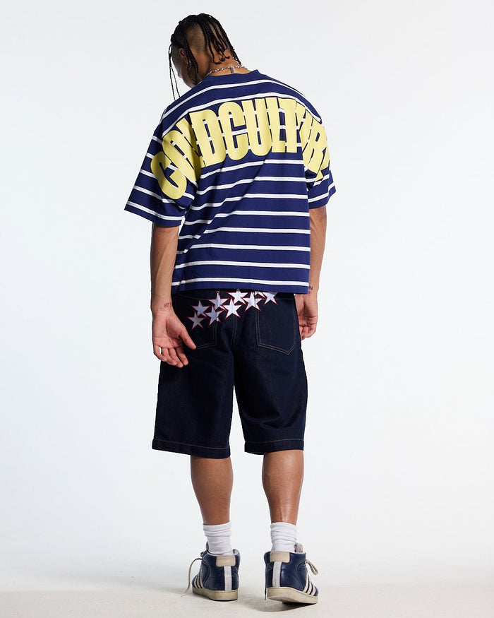 BAY STRIPE TEE NAVY - navy striped tee, back view on male model - Cold Culture