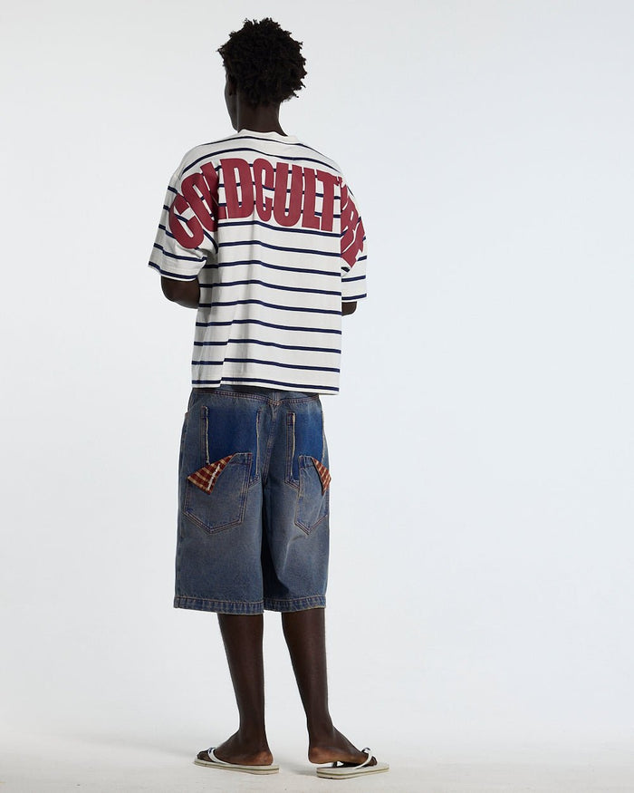 BAY STRIPE TEE WHITE - white striped tee, back view on male model - Cold Culture