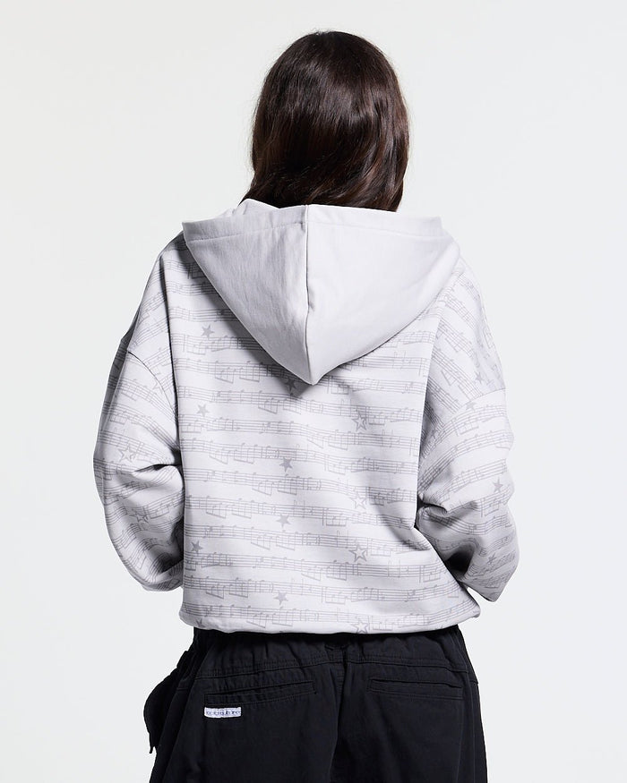 BEAT IT ZIP HOODIE GREY - grey printed zip-up hoodie, back view on female model - Cold Culture