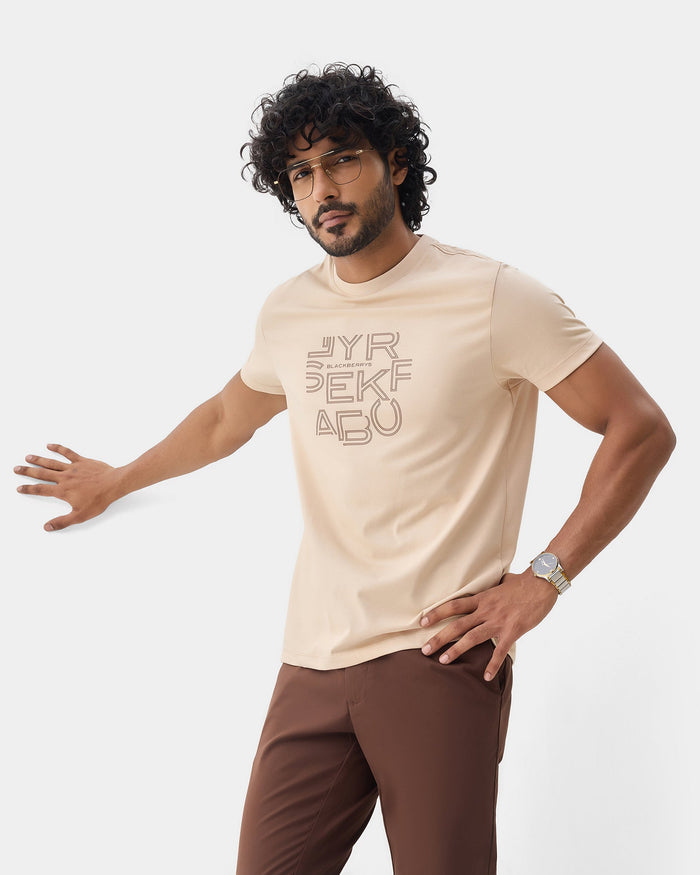 Beige Crew Neck Printed T-Shirt - Kamigata