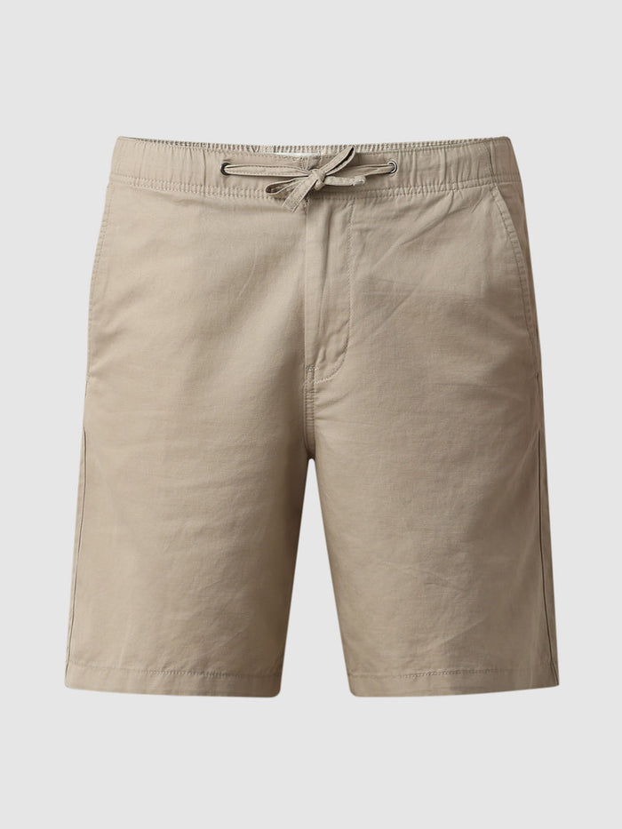 Beige Mid Rise Drawstring Linen Shorts