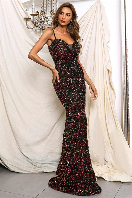 Black Multi Sequin Empire Mermaid Long Evening Dress