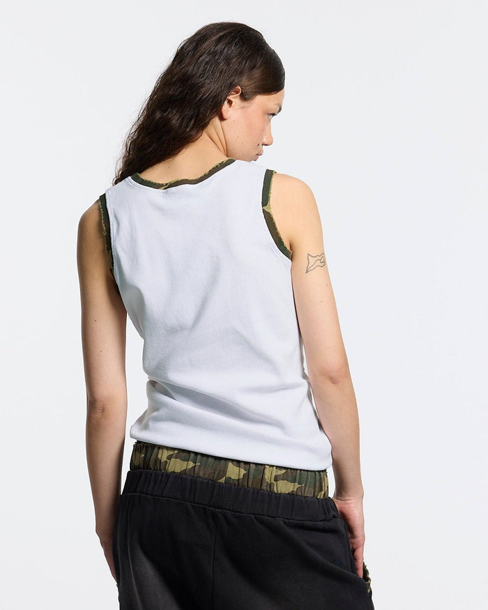 BLACK OPS TANK TOP WHITE - white tank top with camo trim, back view on female model - Cold Culture