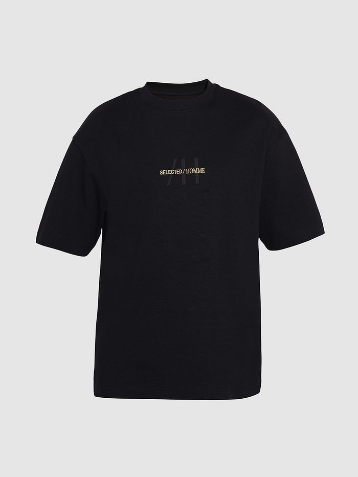 Black Ribbed Logo Print T-Shirt