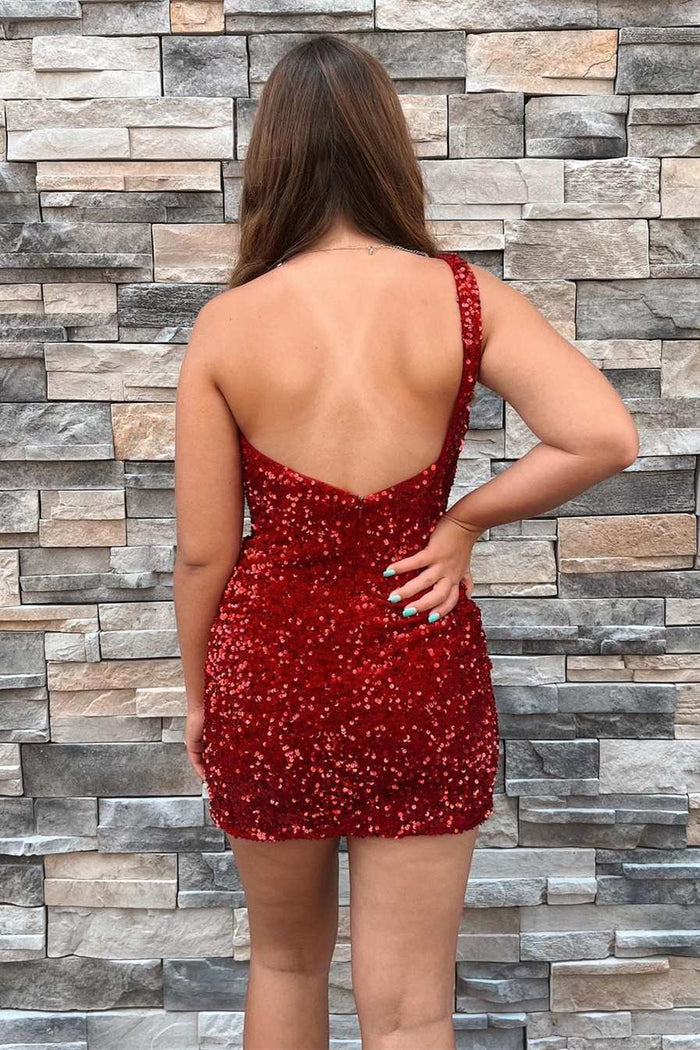 Black Sequins One-Shoulder Short Fitted Homecoming Dress