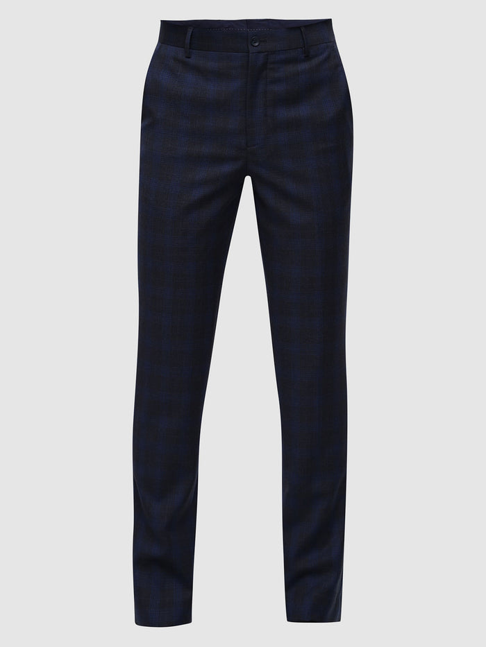 Blue Mid Rise Check Suit-Set Trousers