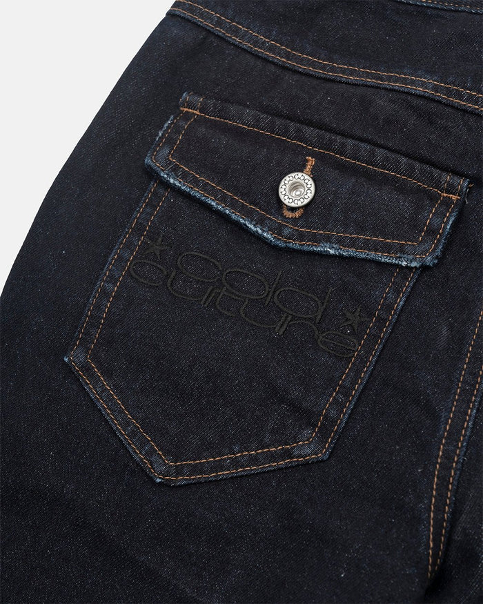 BLURRED V5 BOOTCUT PANTS RAW DENIM - raw denim bootcut pants, detail close-up - Cold Culture