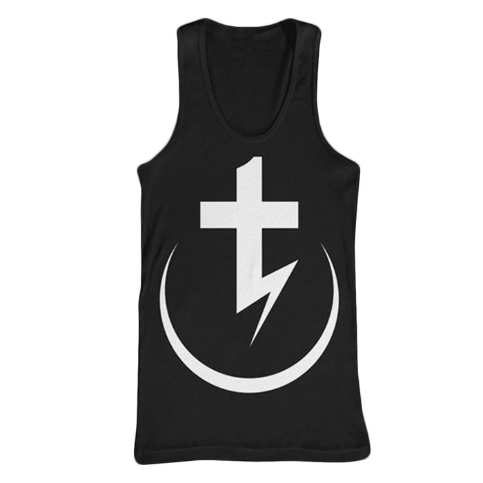 A black tank top by Tear Out The Heart featuring a bold white graphic: a cross above a crescent, intersected by a lightning bolt.