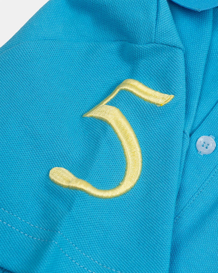 BRIDLE POLO BLUE - blue embroidered polo shirt, detail close-up - Cold Culture
