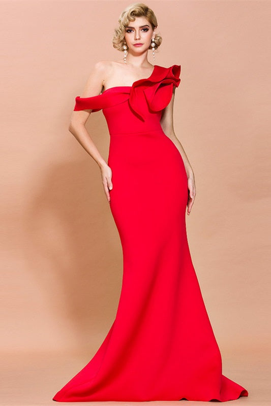 Burgundy Off-the-Shoulder Ruffled Mermaid Long Evening Dress