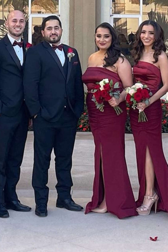 Burgundy Satin Strapless Long Bridesmaid Dress with Slit