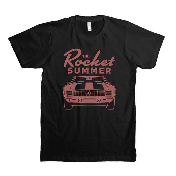 The Rocket Summer Coal Black Tultex Tee made from 100% ring-spun cotton, featuring a classic sports car front in red outline and “The Rocket Summer” above in bold and cursive fonts.