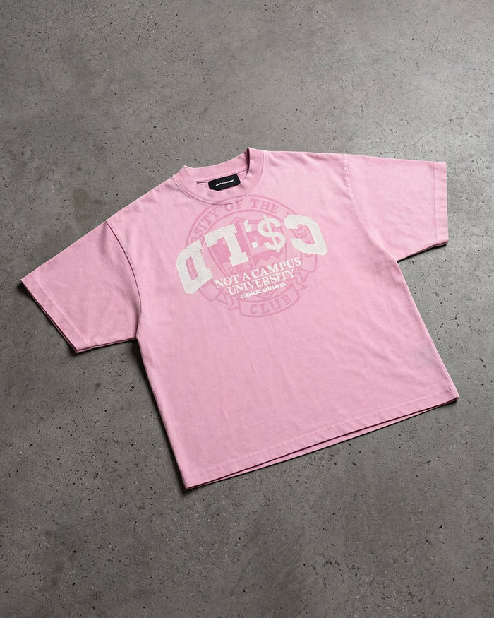 CAMPUS TEE PINK - pink graphic print tee, flat lay - Cold Culture