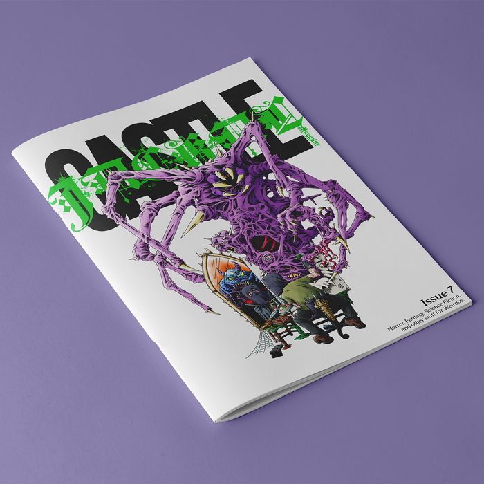 The Castle Jackal magazine, Halloween 2024 Issue 7, features a vivid cover of a spiky purple creature looming over armored figures and rests on a purple surface.