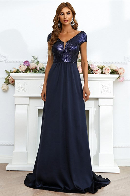 Champagne Sequin Chiffon V-Neck Backless Long Evening Dress