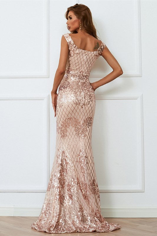 Champagne Sequin V-Neck Body Conscious Long Evening Dress