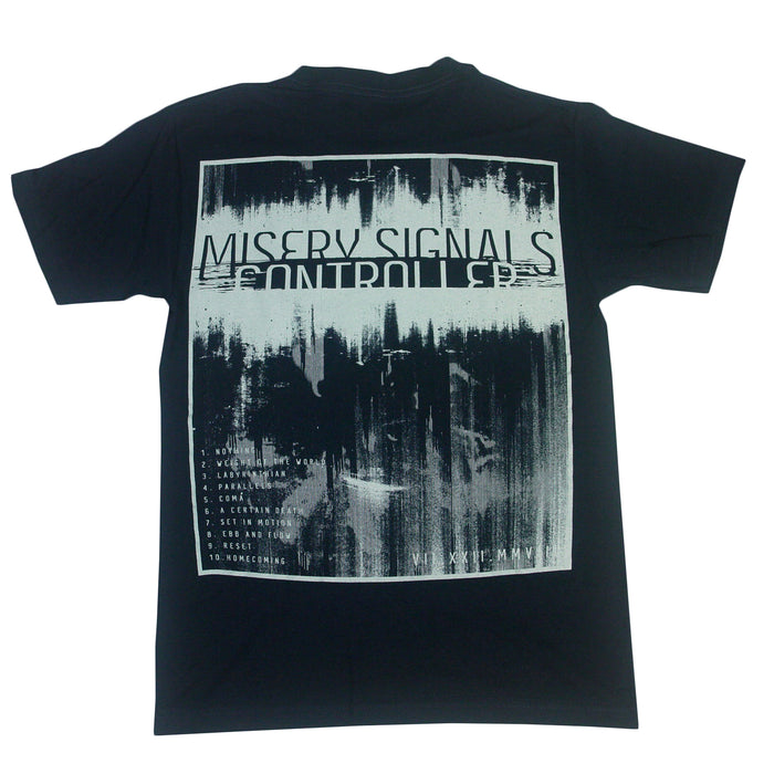 A black Misery Signals Alstyle T-shirt crafted from pre-shrunk, combed ring-spun cotton, featuring a white MISERY SIGNALS CONTROLLER graphic and song list on the back, framed by a distressed abstract design.