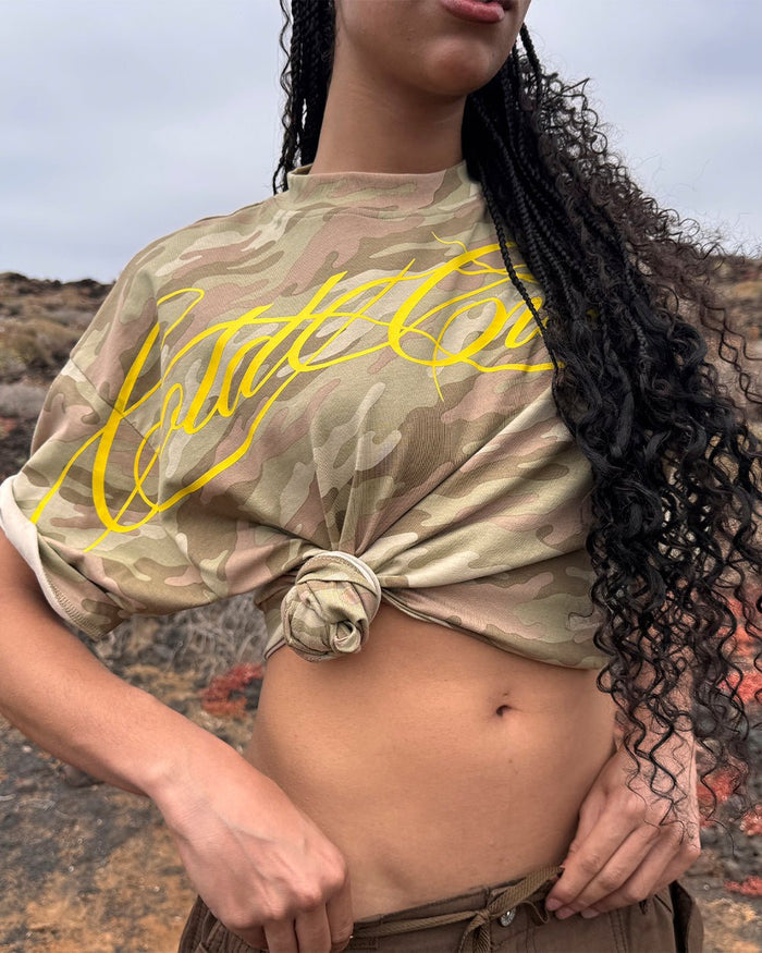 CROSSED SCRIPT TEE CAMO - beige camo tee, on model close-up - Cold Culture