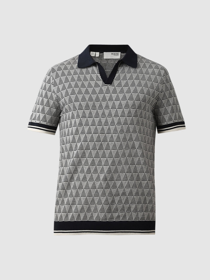 Dark Blue Printed Knit Polo T-shirt