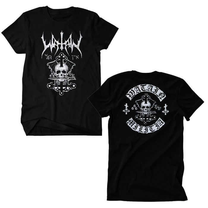 Watain black T-shirt featuring a white gothic skull and cross on the front, with an intricate skull and cross design. The back displays a skull, cross, and Watain Militia text.