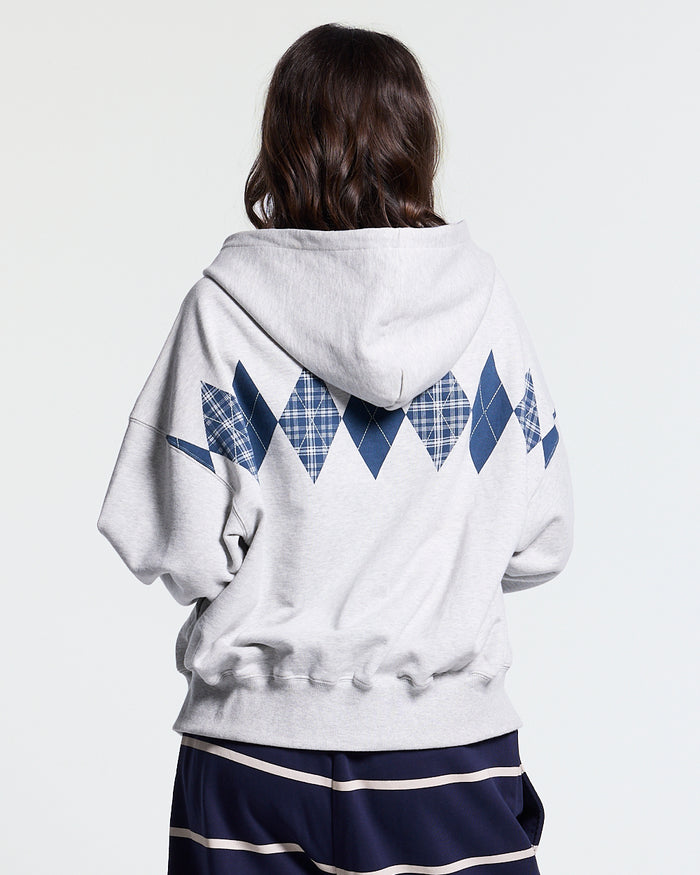 DECADE ZIP HOODIE HEATHER GREY - heather grey argyle zip hoodie, back view on female model - Cold Culture