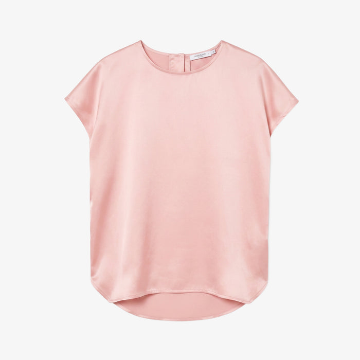 Packshot of a crew neck loose cap sleeve light pink shirt