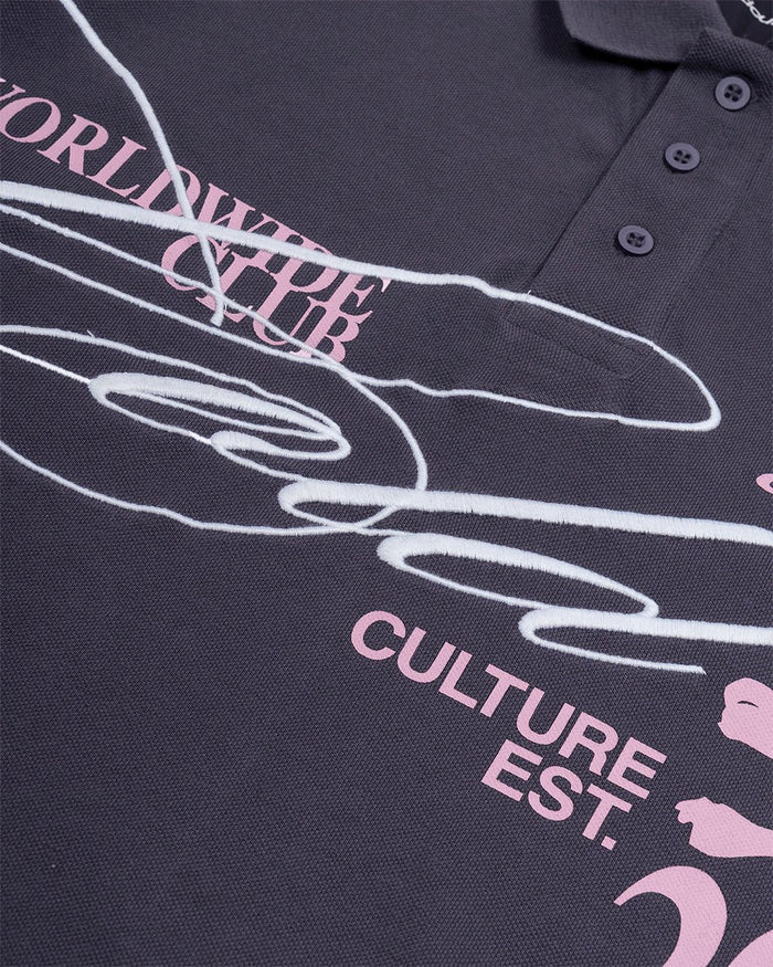 DIRTY SKULL POLO DARK GREY - dark grey graphic polo shirt, detail close-up - Cold Culture