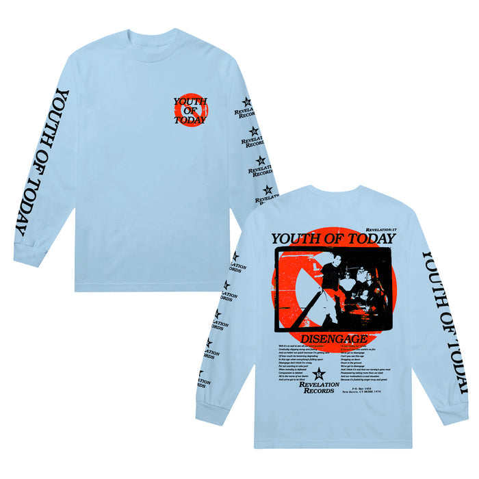 Youth Of Today light blue long sleeve Gildan Ultra Cotton shirt featuring “YOUTH OF TODAY” in black on the sleeves, an orange logo on the front, a band photo and “DISENGAGE” on the back. 100% cotton.