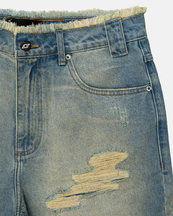 DISRUPT SHORTS LIGHT BLUE - light blue distressed denim shorts, detail close-up - Cold Culture