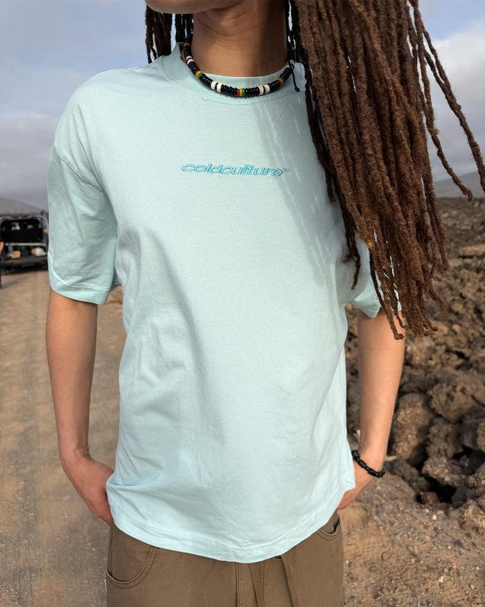 DISTRESS CURVED TEE BLUE - light blue distressed logo tee, street style shot - Cold Culture