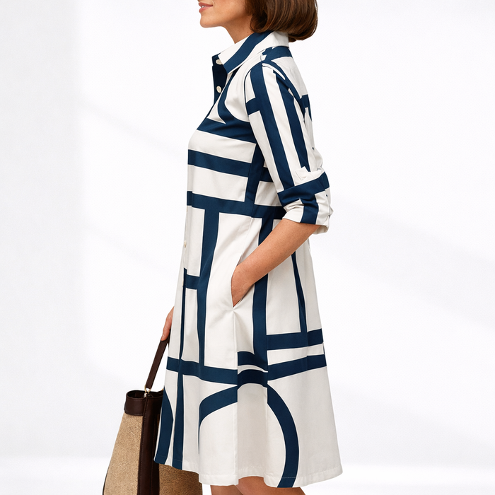 Elegant Geometric Midi Dress – Sophisticated & Timeless