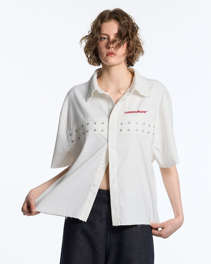 EYELET SHIRT OFF WHITE - off white eyelet shirt, front view on female model - Cold Culture #woman