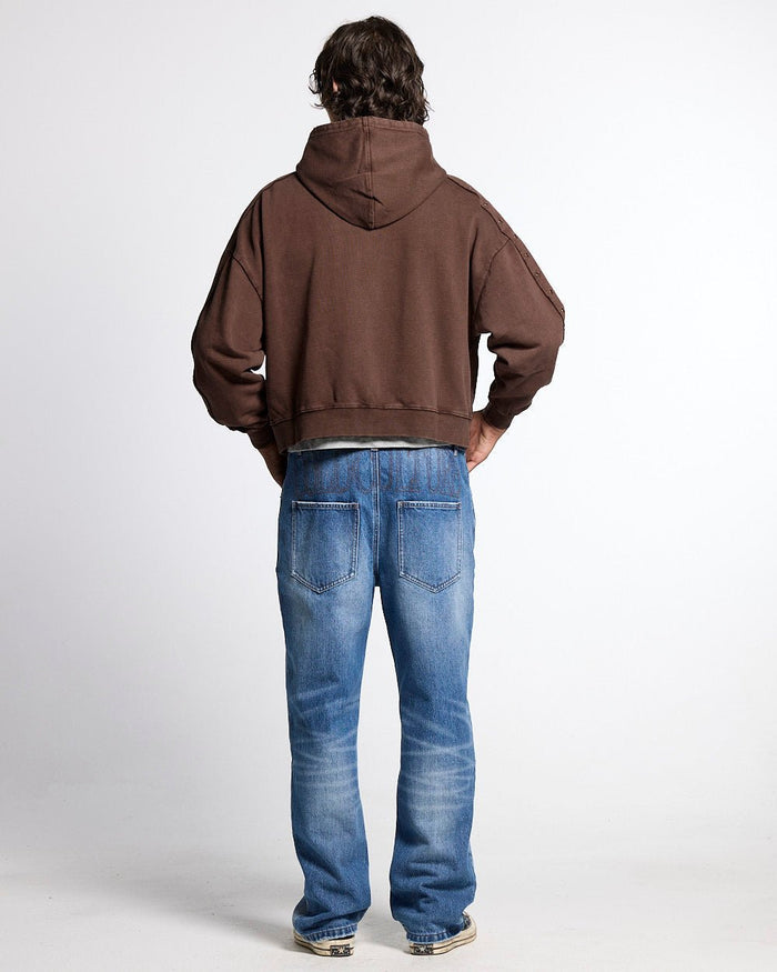 EYELET ZIP HOODIE BROWN - washed brown zip-up hoodie, back view on male model - Cold Culture