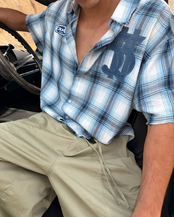 FARM SHIRT WHITE - blue plaid short sleeve shirt, worn detail - Cold Culture