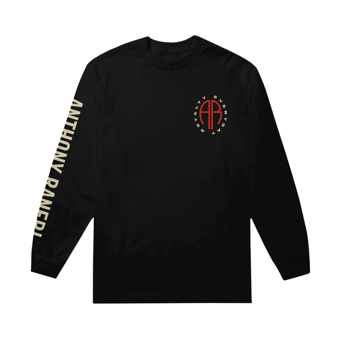 Anthony Raneri black long-sleeve shirt in soft ring-spun cotton, with “ANTHONY RANERI” in bold yellow on the right sleeve and a red circle logo reading “AR” and “ANXIETY EVERY DAY” on the left chest.