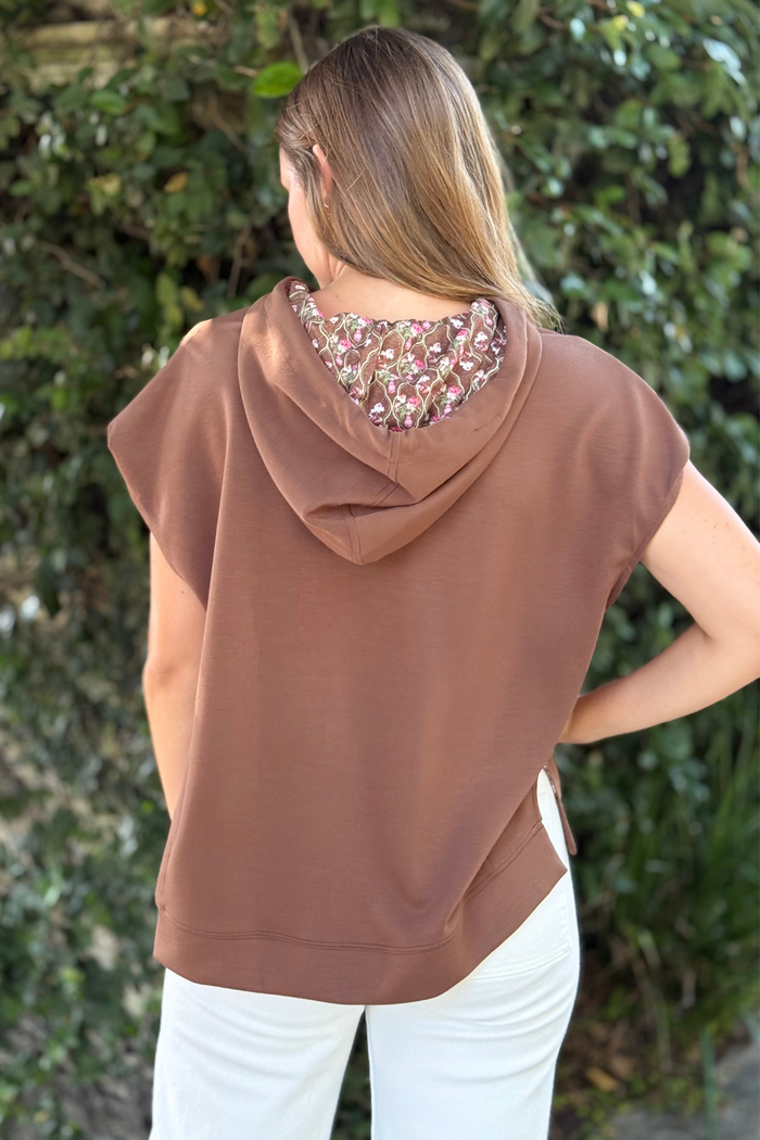 Floral Lined Luxe Hoodie Top in Walnut