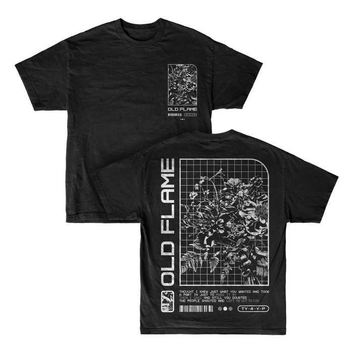 old flame Flower Black T-Shirt front and back