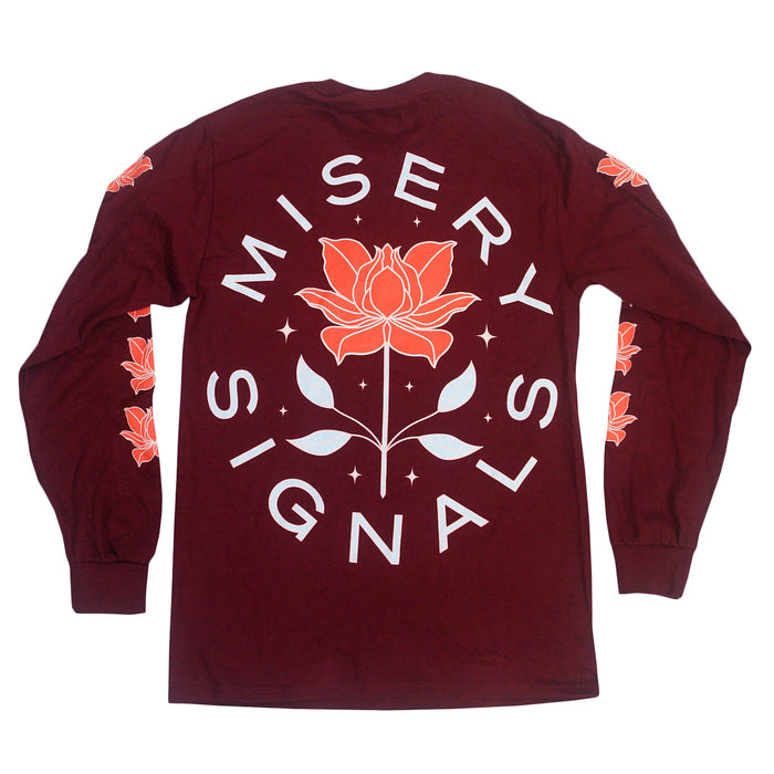 A maroon Misery Signals long-sleeve shirt in classic fit, made from 100% cotton Gildan Ultra Cotton, with a large orange flower and leaves graphic plus white text on the back and matching floral designs on the sleeves.