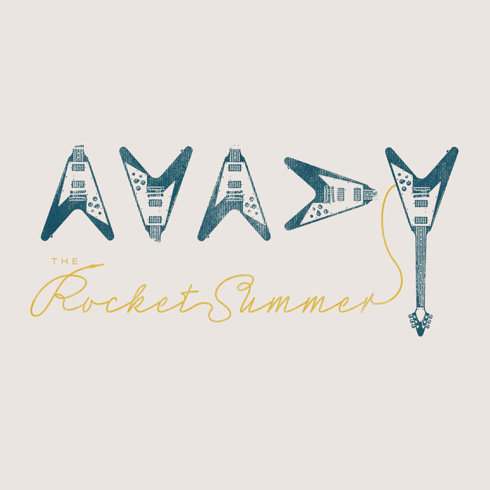 The Rocket Summer logo appears in yellow script below electric guitars shaped to spell READY. A guitar cable forms part of the script. Design is printed on Vintage White unisex tees with an off-white background.
