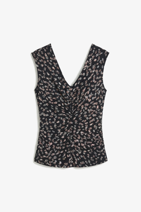 Black sleeveless top with floral pattern on a white background. | Still | Exclude
