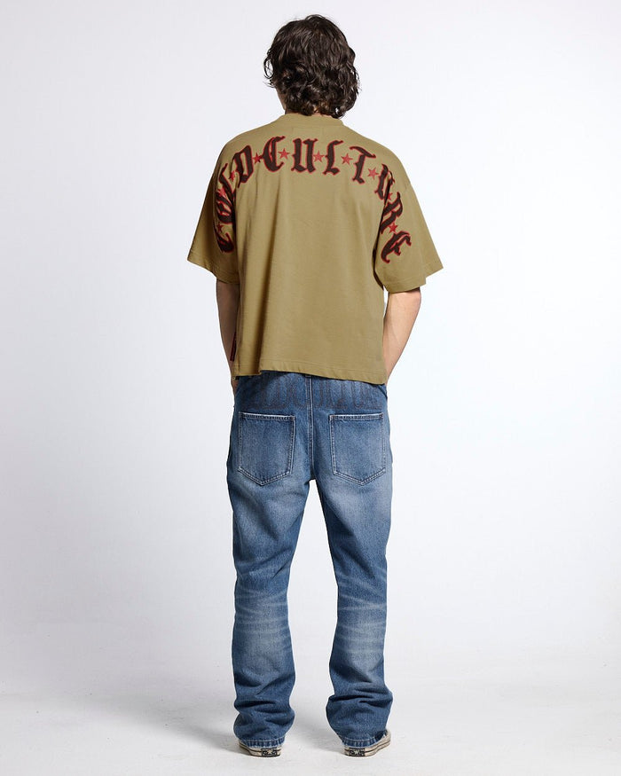 GOTHIC CURVED TEE GREEN - green gothic print tee, back view on male model - Cold Culture