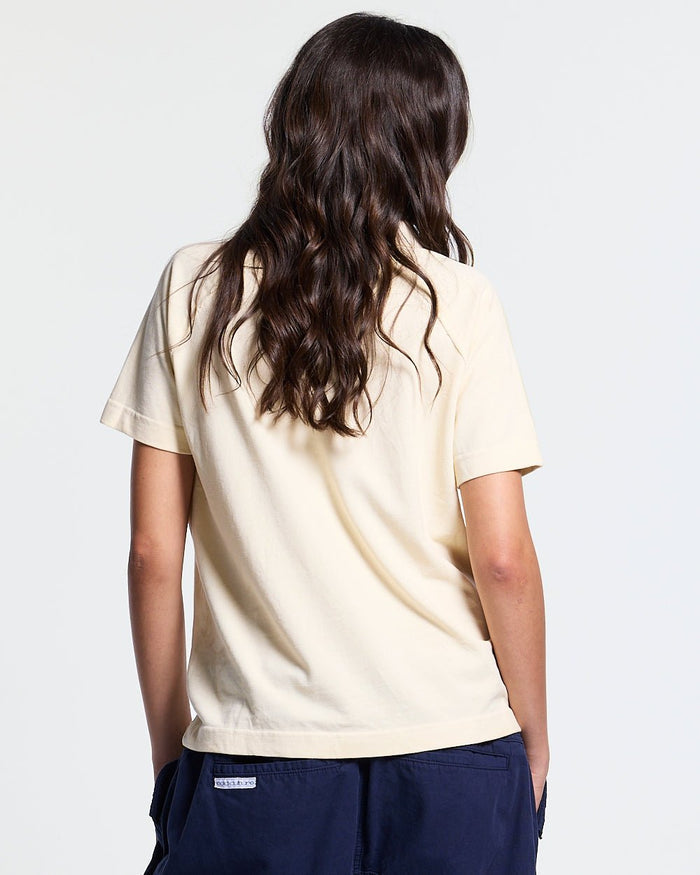 GOTHIC DISTRESSED POLO BEIGE - beige gothic print polo shirt, back view on female model - Cold Culture