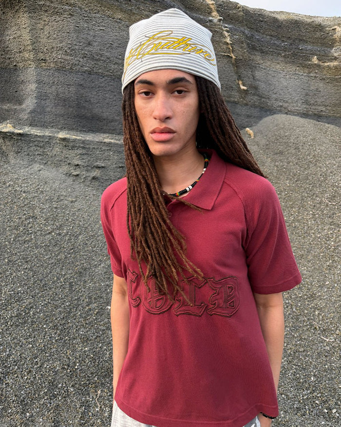 GOTHIC DISTRESSED POLO BURGUNDY - burgundy gothic print polo shirt, street style shot - Cold Culture