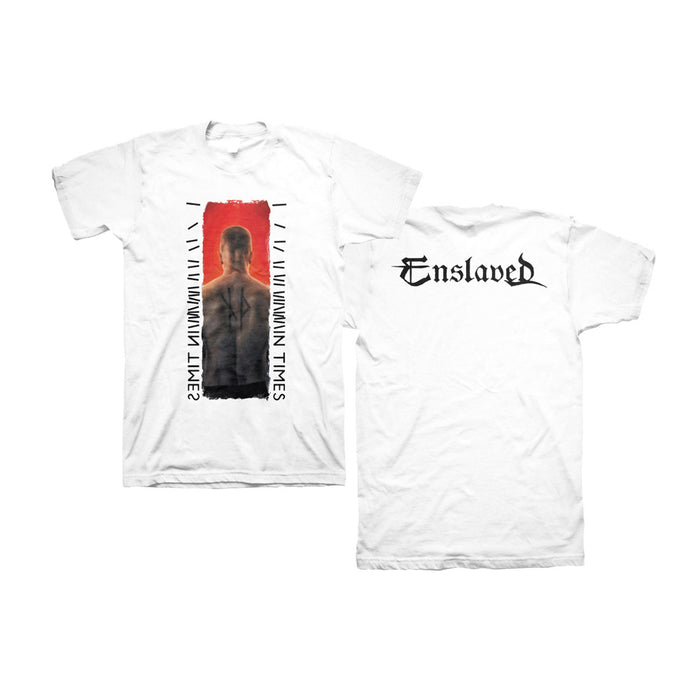 Enslaved brand white t-shirt featuring a back view of a tattooed person on a red background with IN IMMINENT TIMES text on the front, and Enslaved in black gothic font on the back.