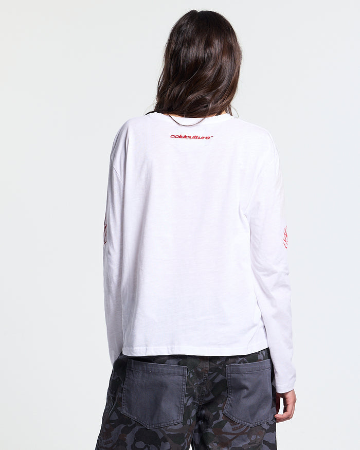 LA PARA LONGSLEEVE WHITE - white graphic print longsleeve tee, back view on female model - Cold Culture