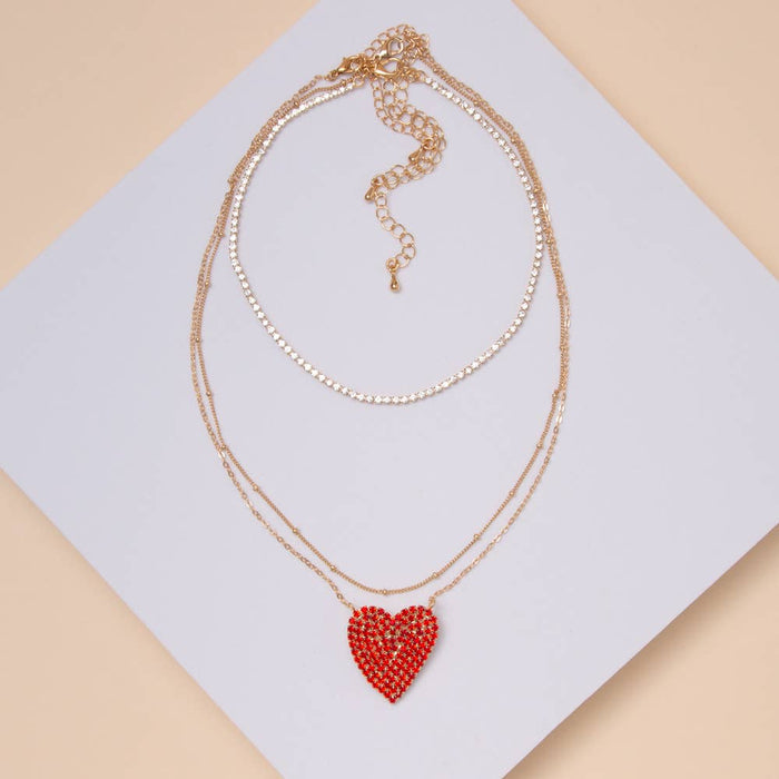 Layered Heart Necklace with Rhinestone Heart Pendant